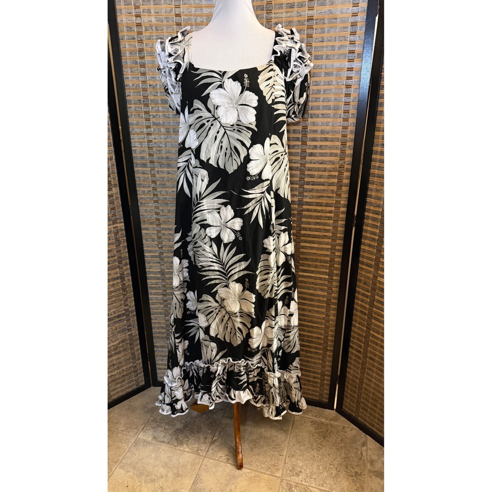 Pacific Legend Maxi Dress Women 2XL Black White Tropical Floral Hibiscus Hawaii